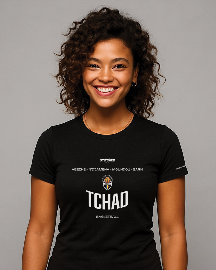 Woman wearing black STITCHED TCHAD basketball t-shirt with federation crest and city names. African basketball streetwear from Chad.